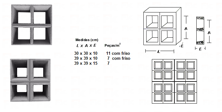 -FK - elemento vazado de cimento quatro furos quadrados