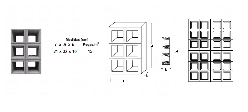 -FK - elemento vazado de cimento seis furos quadrados