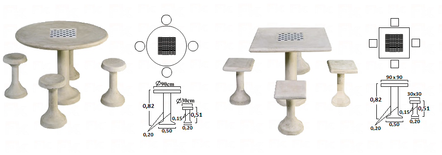 -FK - MESA DE CIMENTO TABULEIRO DE XADREZ COM PÉS SAPATAS